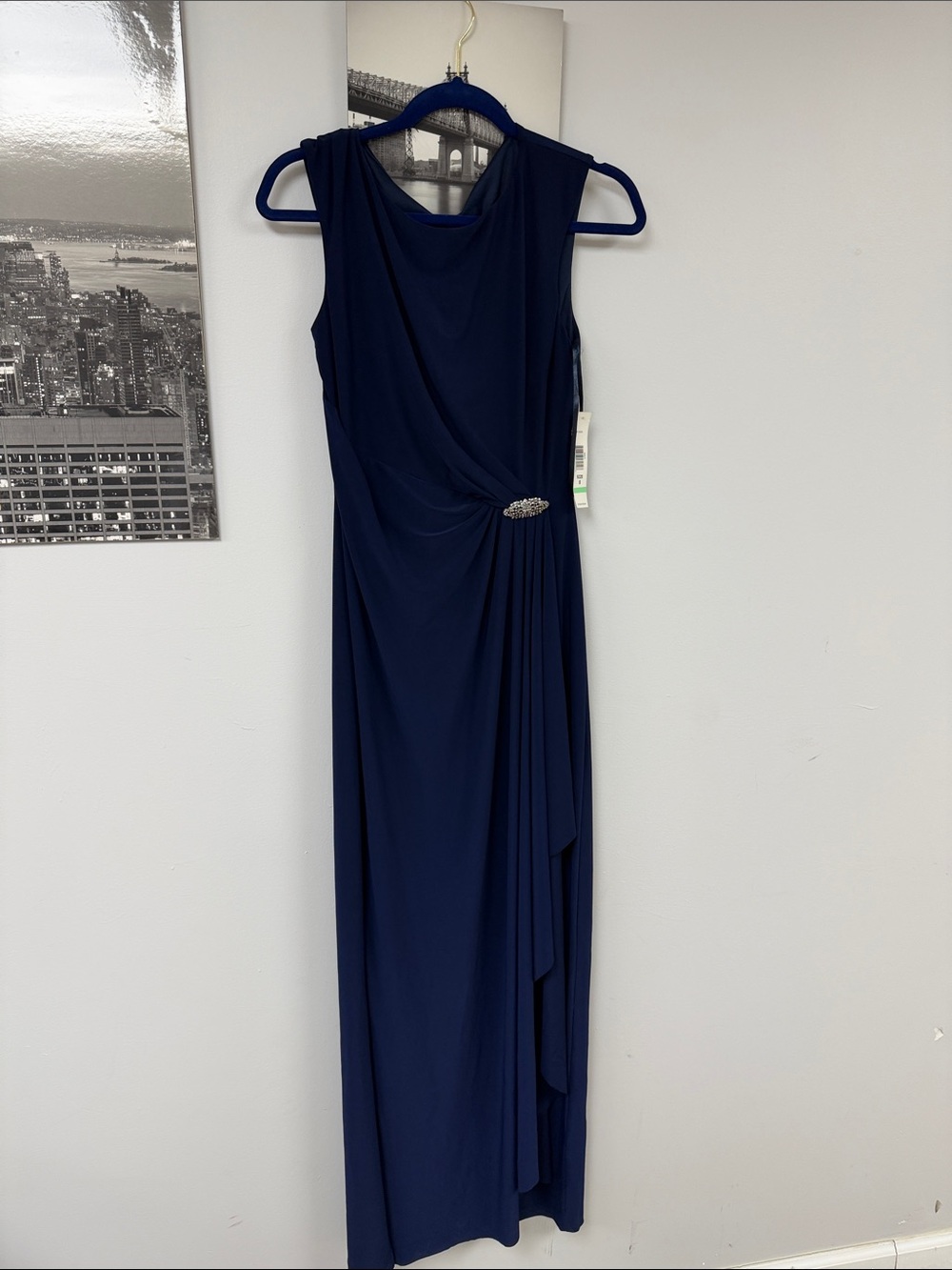Tiana B. Navy Sleeveless Draped Maxi Dress with Embellished Accent
